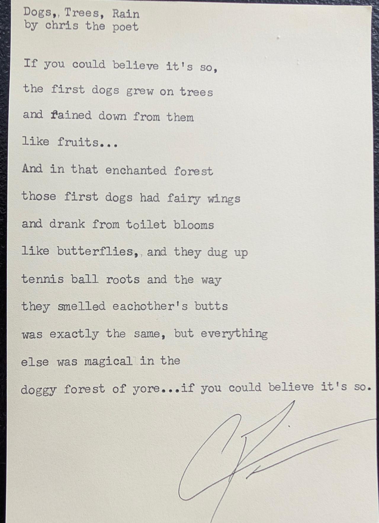 Original typewritten poem Dogs, Trees, Rain by Chris the Poet