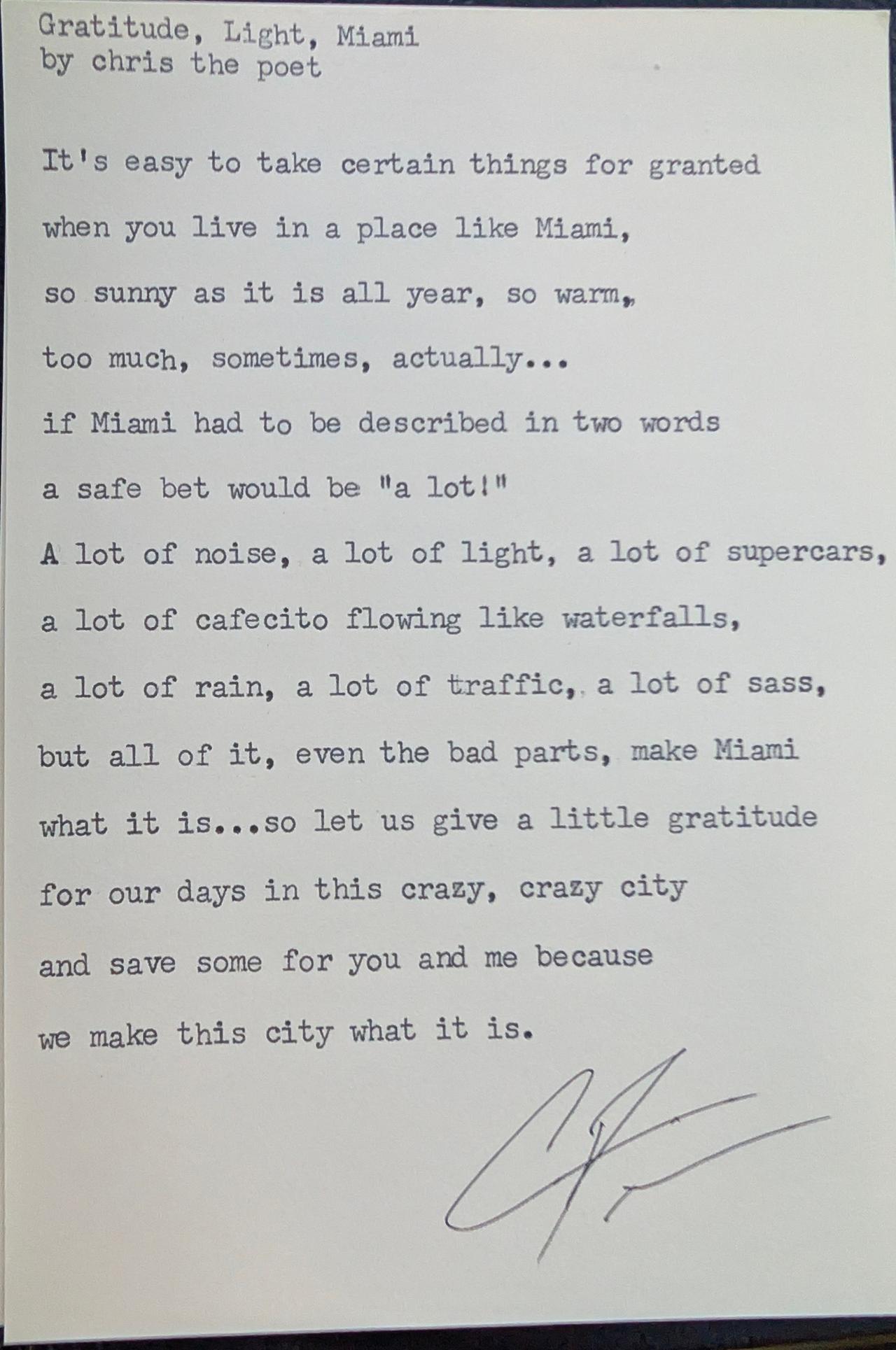Original typewritten poem Gratitude, Light, Miami by Chris the Poet