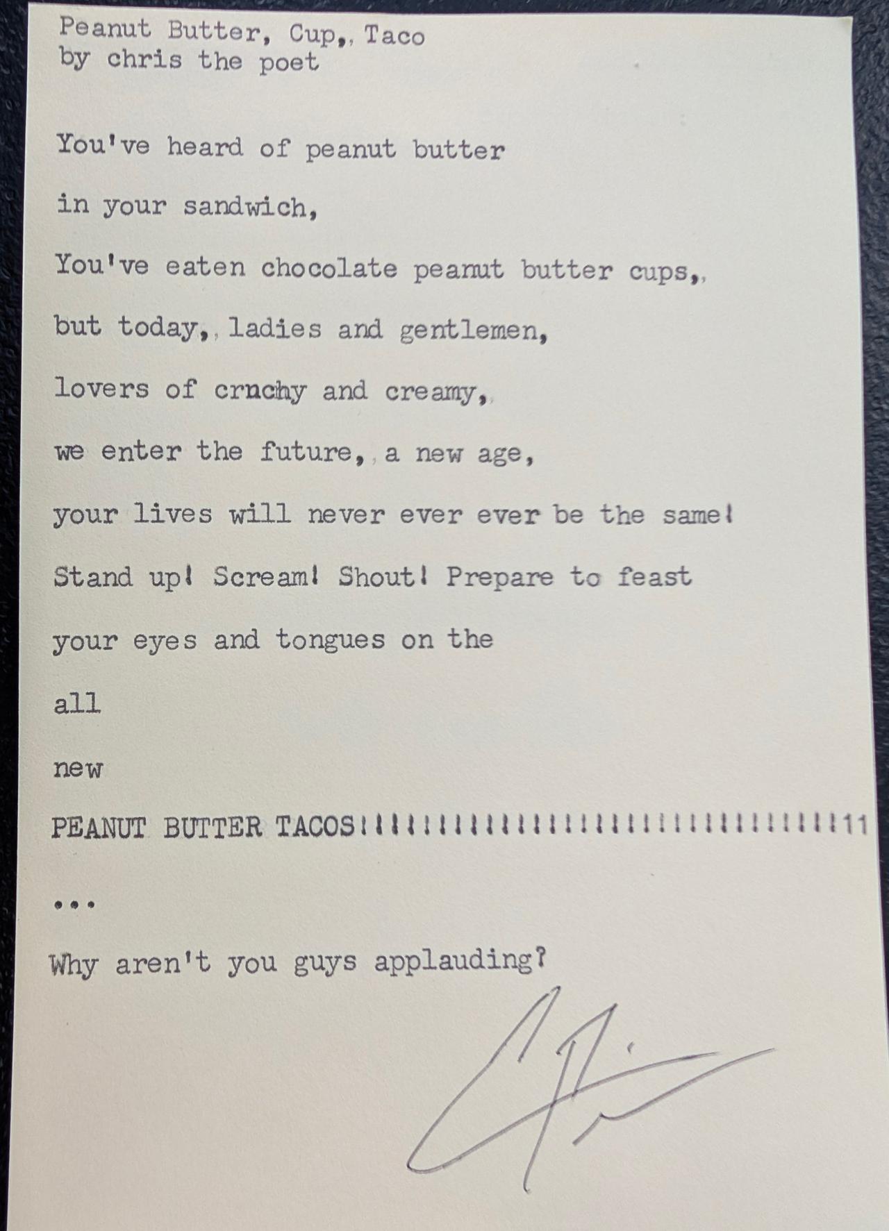 Original typewritten poem Peanut Butter, Cup, Taco by Chris the Poet