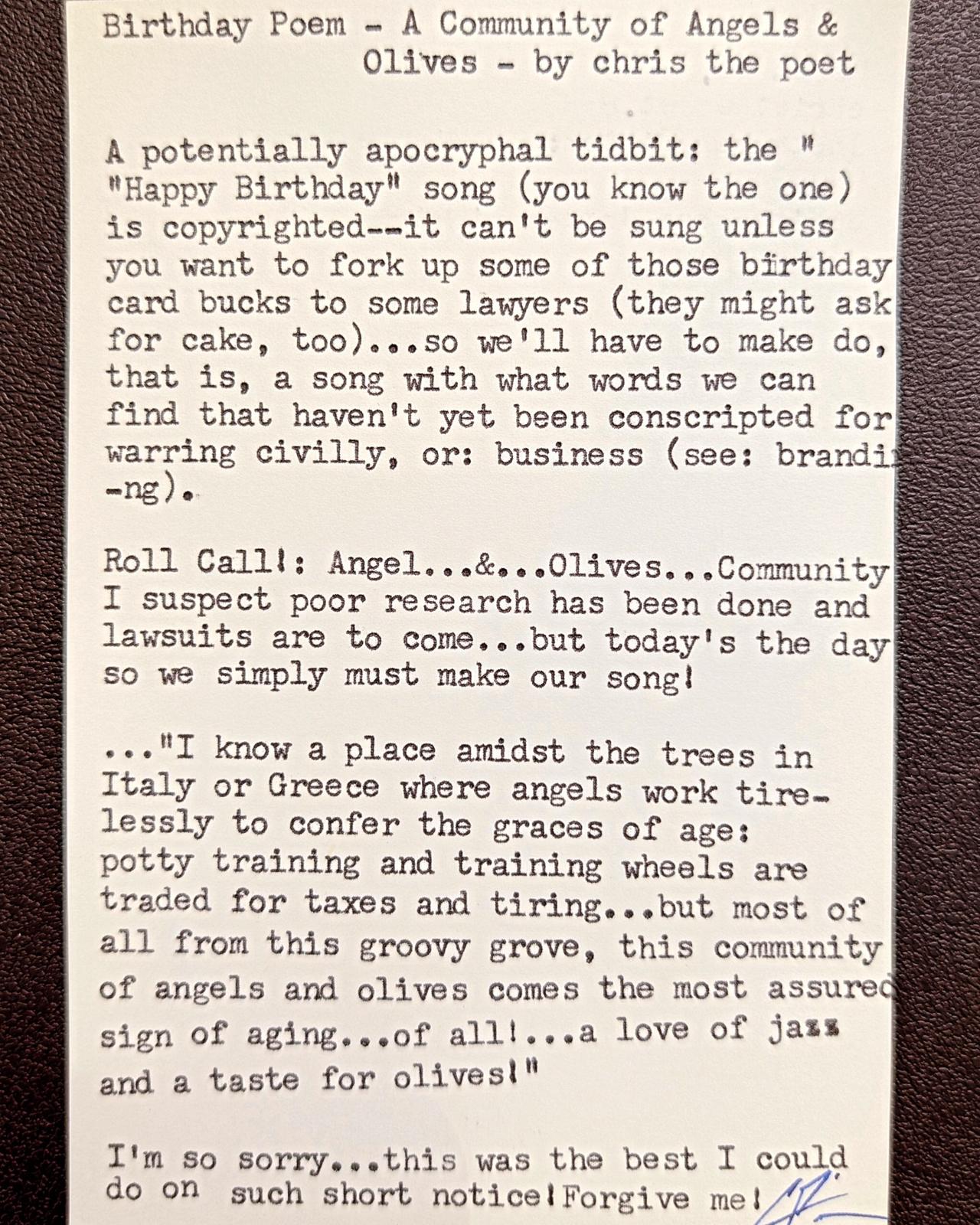 Original typewritten poem Birthday Poem - A Community of Angels & Olives by Chris the Poet