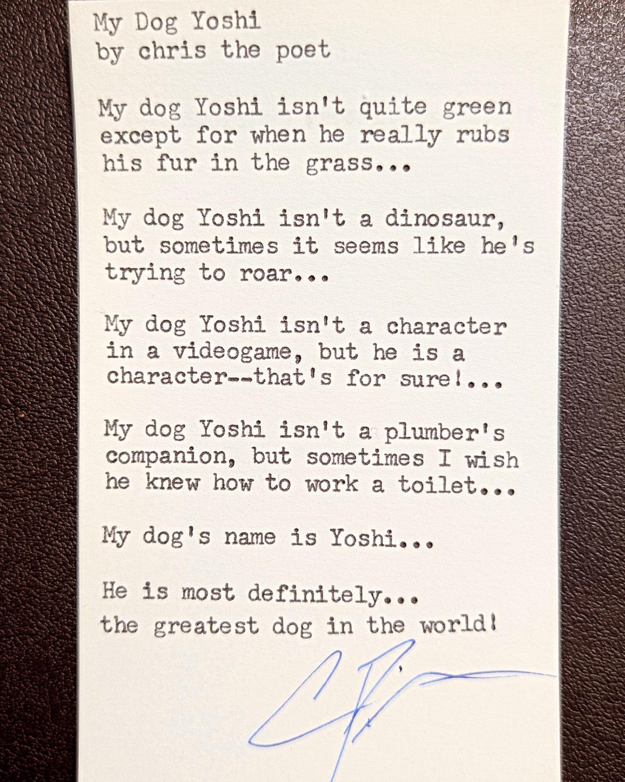Original typewritten poem My Dog Yoshi by Chris the Poet