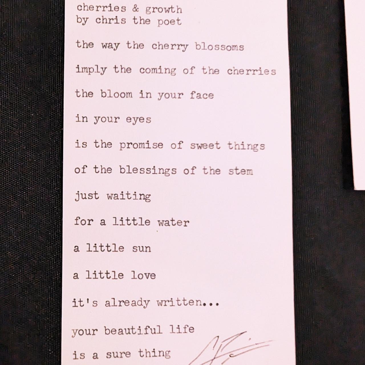 Original typewritten poem cherries & growth by Chris the Poet