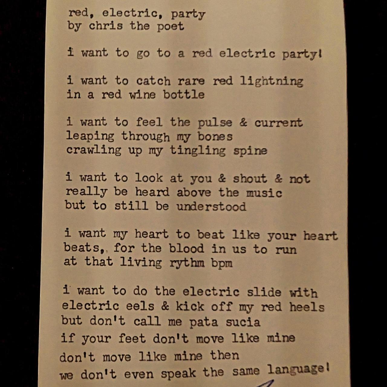 Original typewritten poem red, electric, party by Chris the Poet