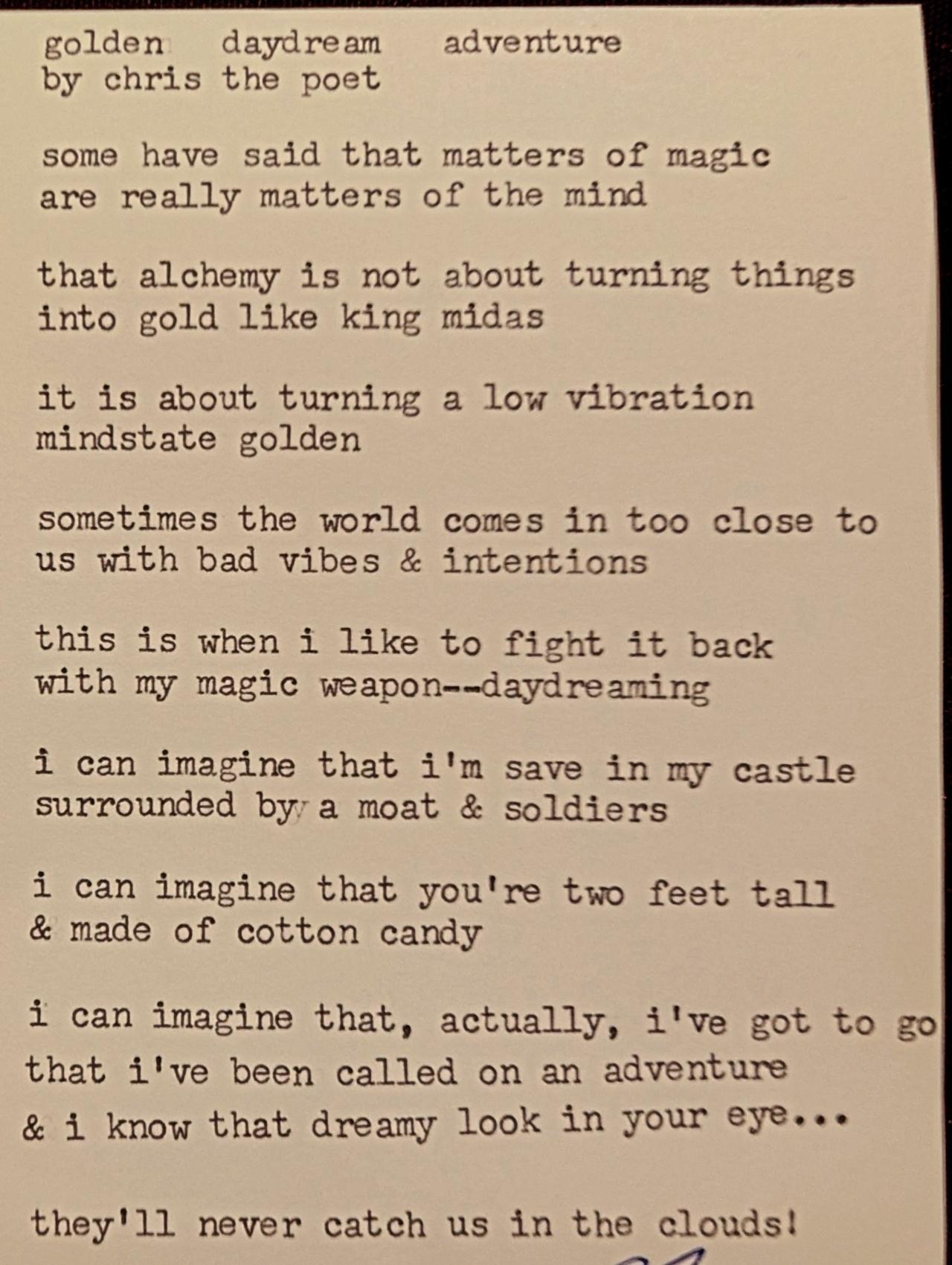 Original typewritten poem golden daydream adventure by Chris the Poet