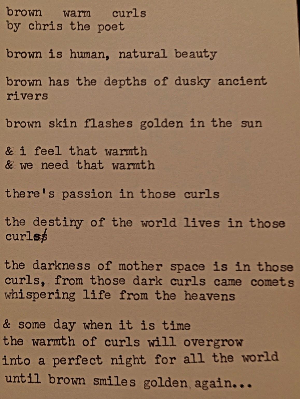 Original typewritten poem brown warm curls by Chris the Poet