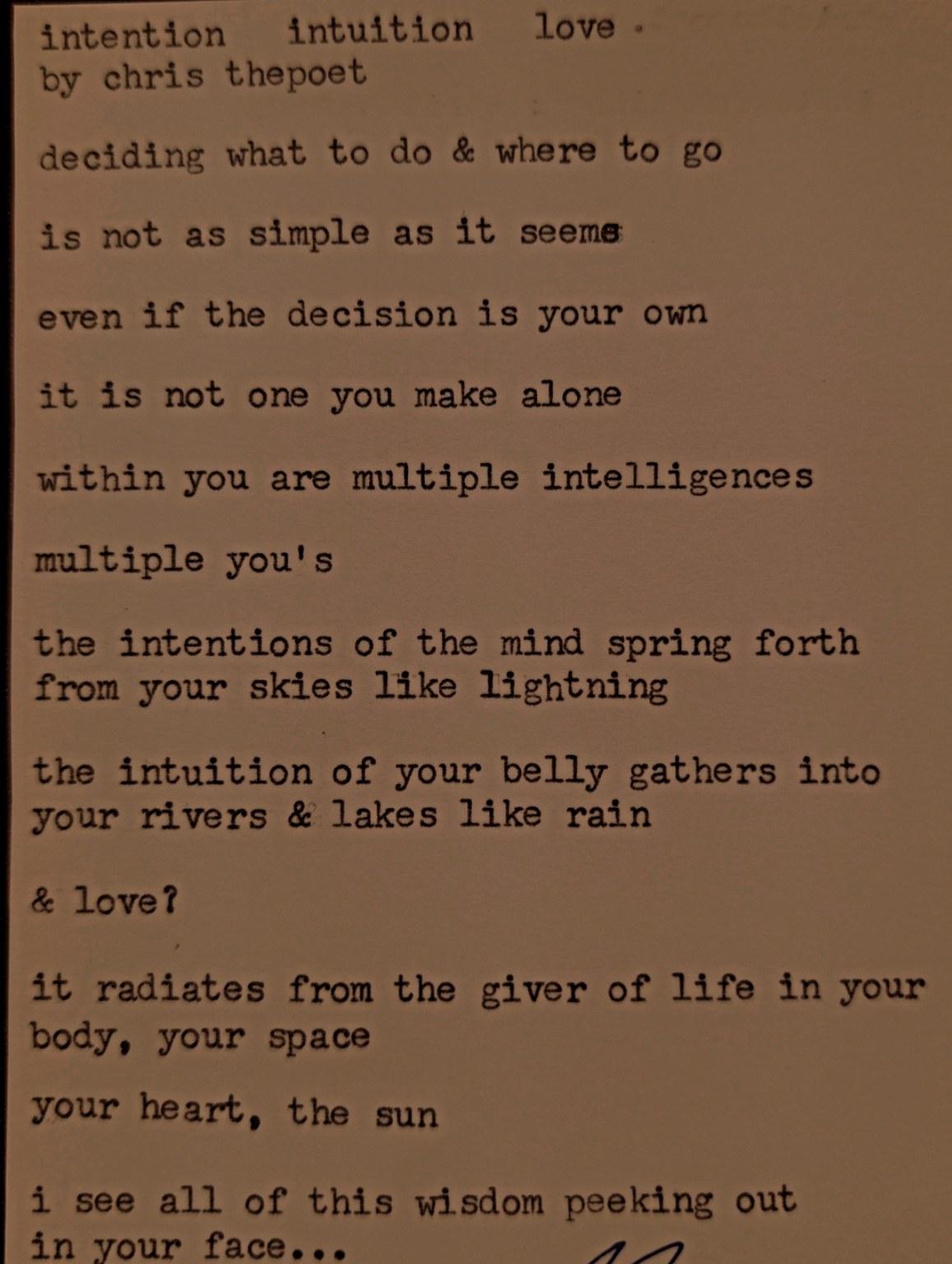 Original typewritten poem intention intuition love by Chris the Poet