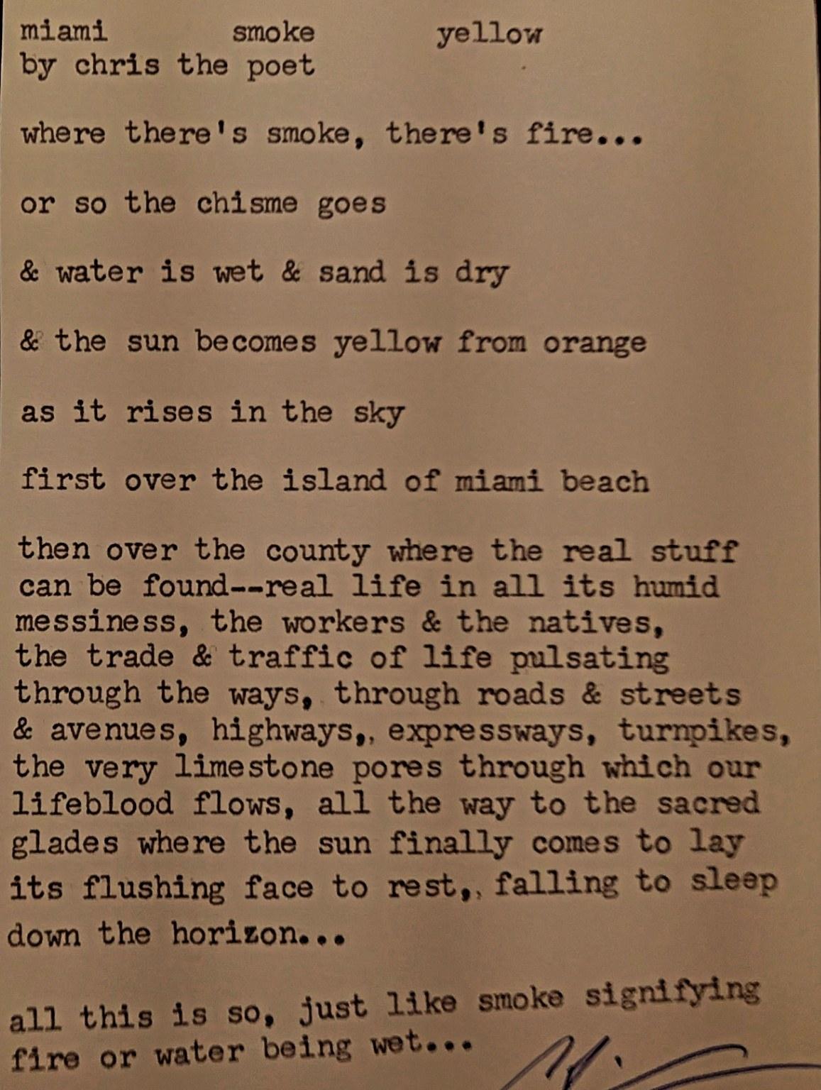 Original typewritten poem miami smoke yellow by Chris the Poet