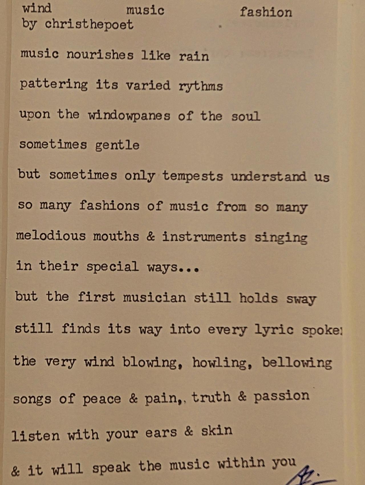 Original typewritten poem wind music fashion by Chris the Poet