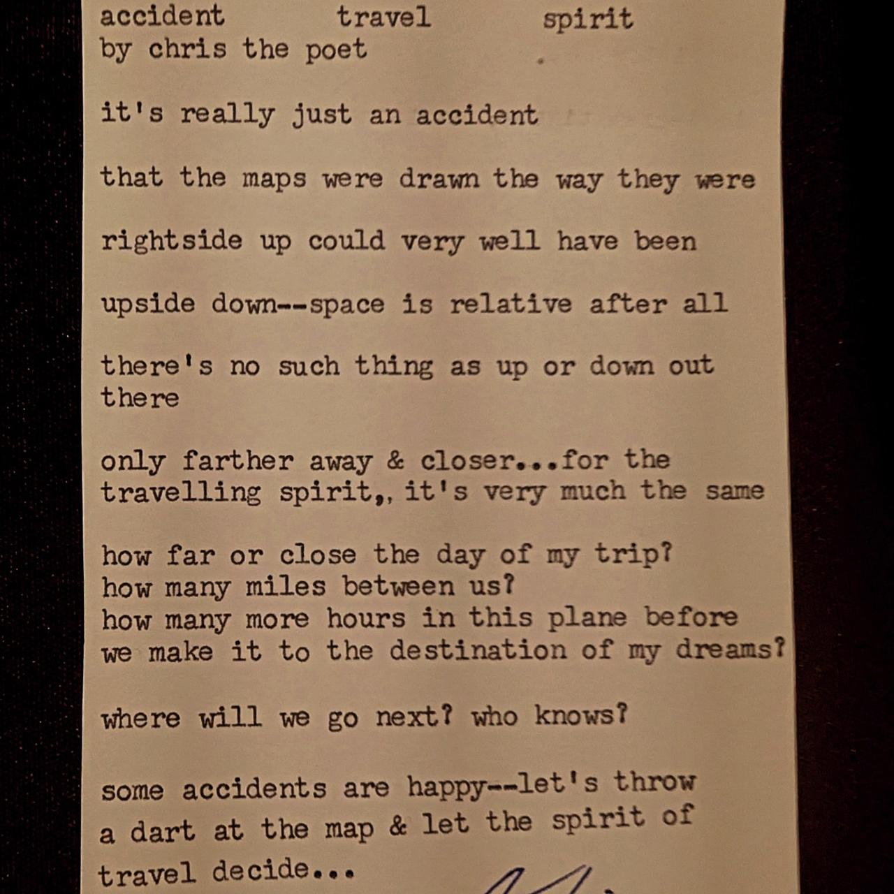 Original typewritten poem accident travel spirit by Chris the Poet
