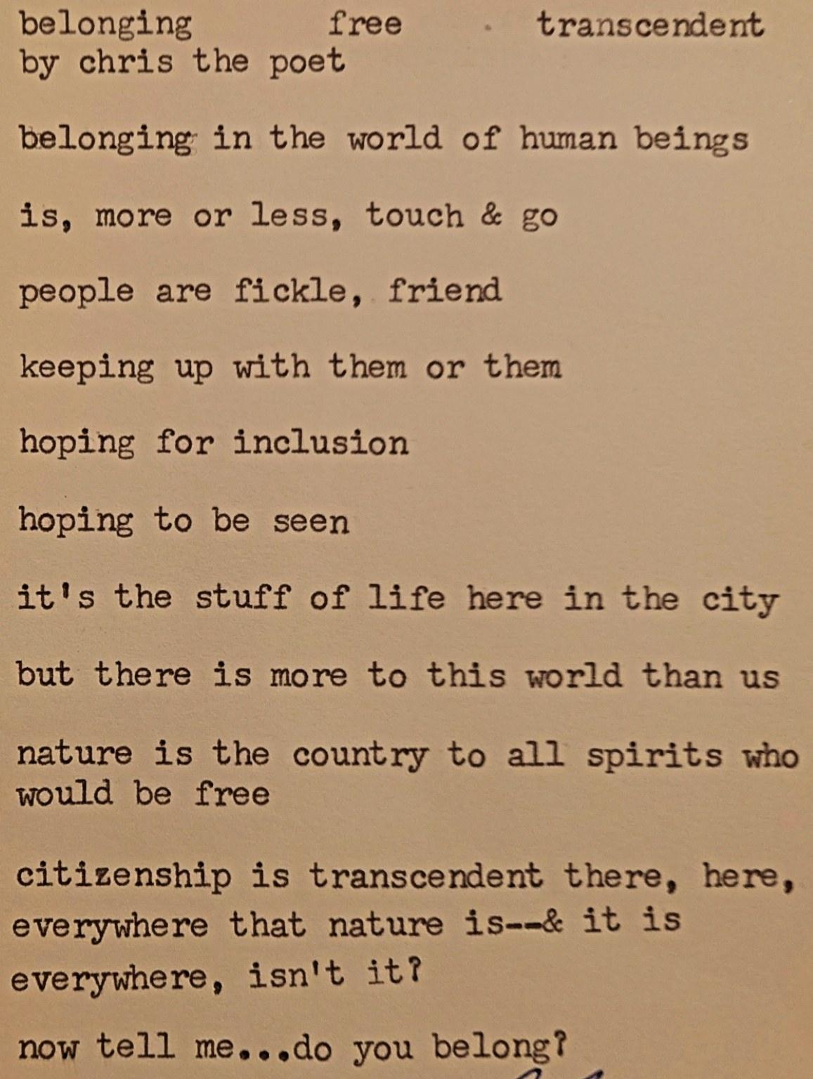 Original typewritten poem belonging free transcendent by Chris the Poet