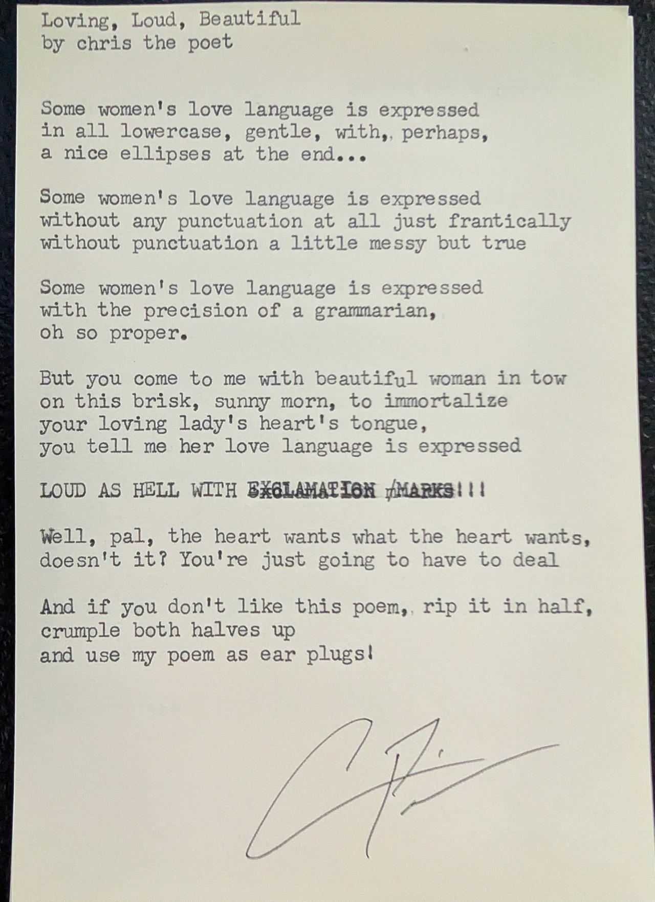 Original typewritten poem Loving, Loud, Beautiful by Chris the Poet