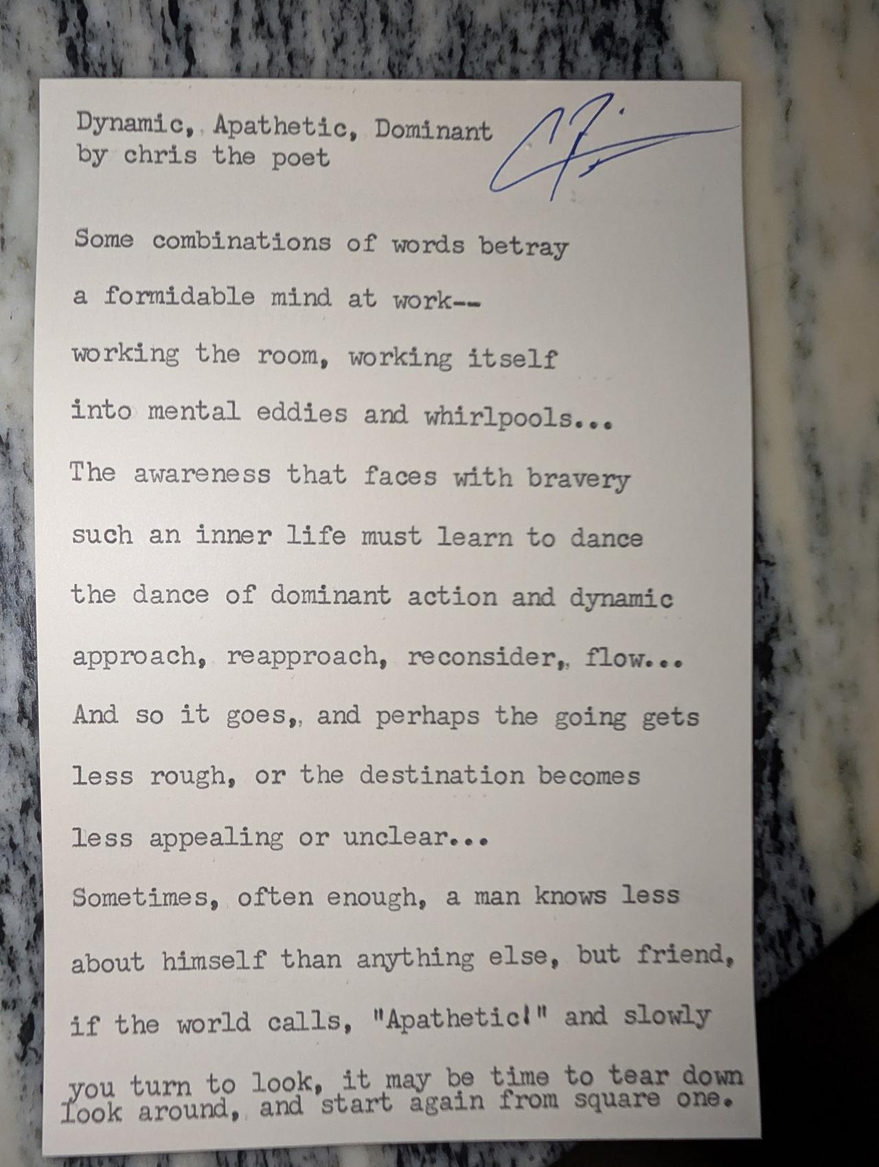 Original typewritten poem Dynamic, Apathetic, Dominant by Chris the Poet