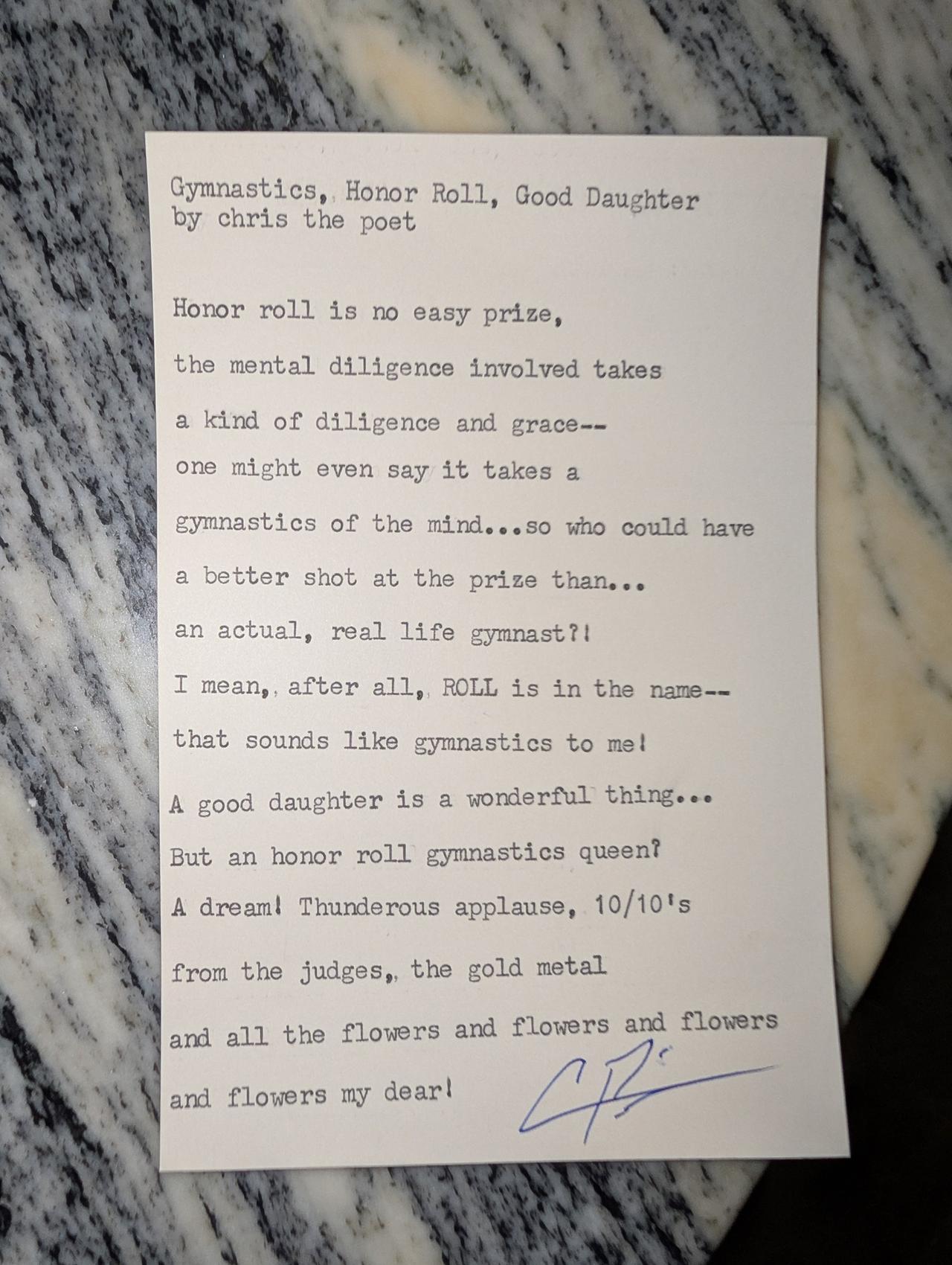 Original typewritten poem Gymnastics, Honor Roll, Good Daughter by Chris the Poet