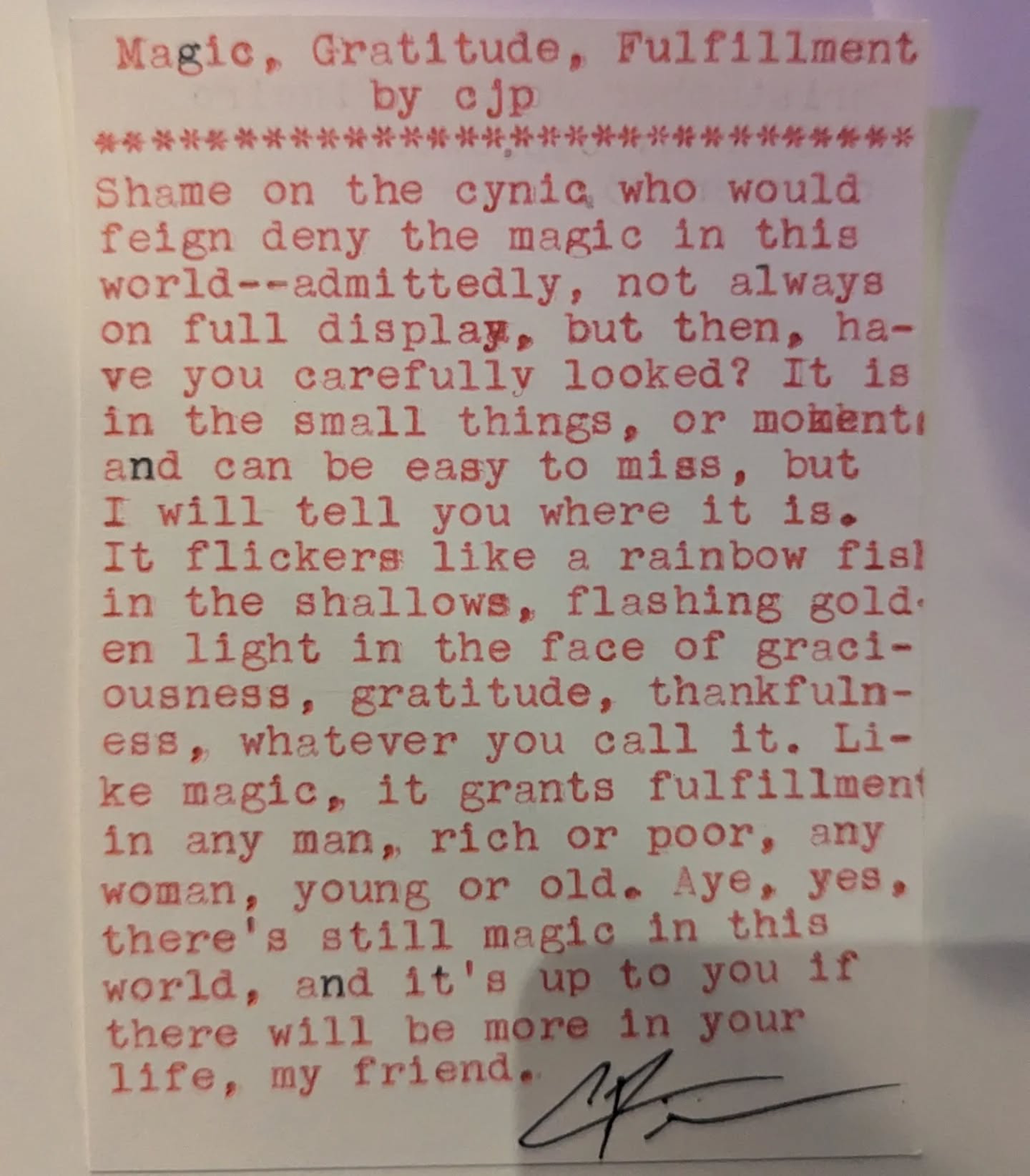Original typewritten poem Magic, Gratitude, Fulfillment by Chris the Poet