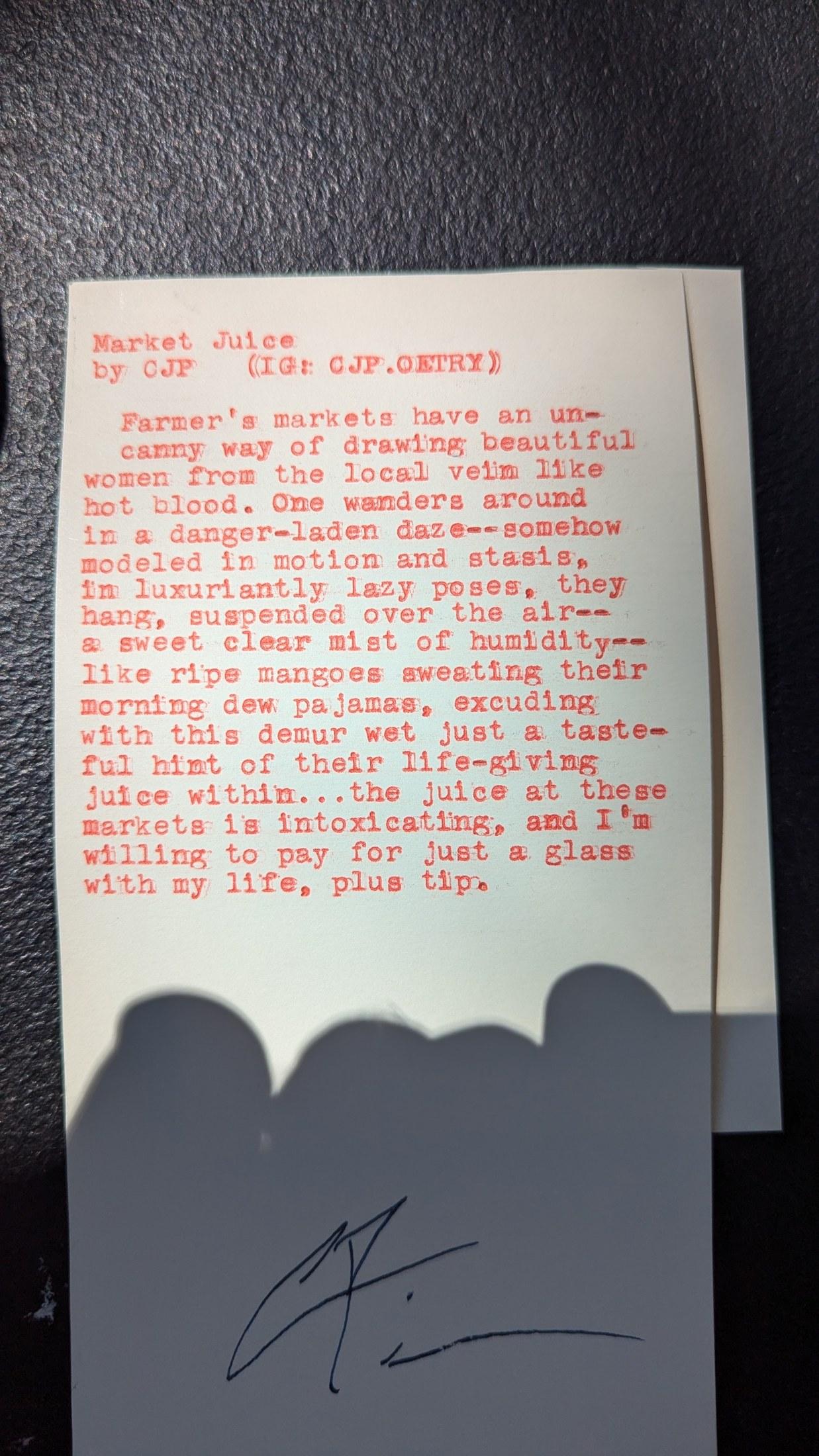 Original typewritten poem Market Juice by Chris the Poet