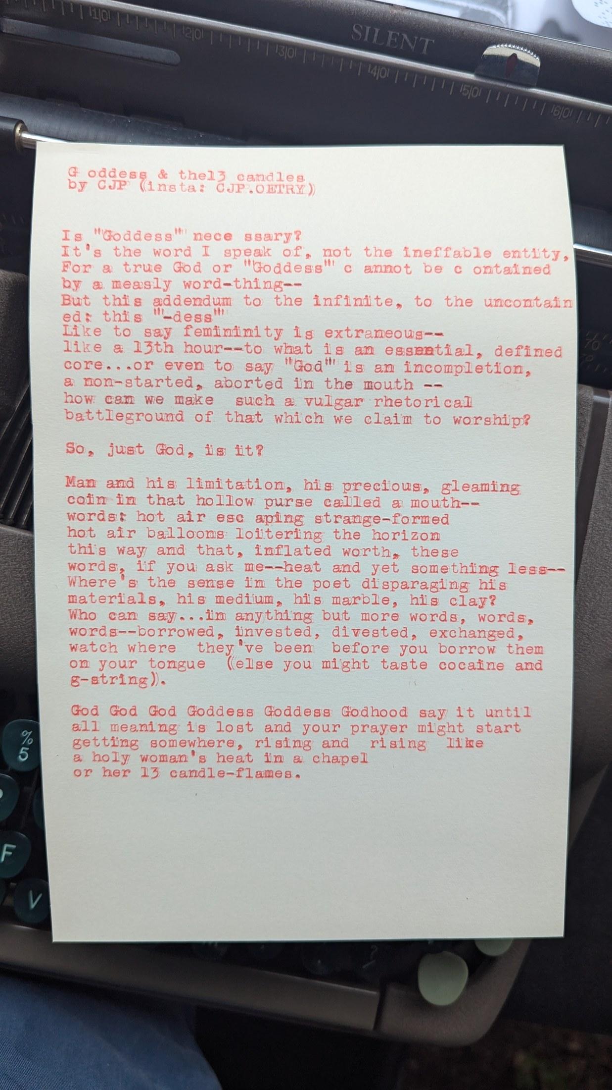 Original typewritten poem Goddess & the 13 Candles by Chris the Poet
