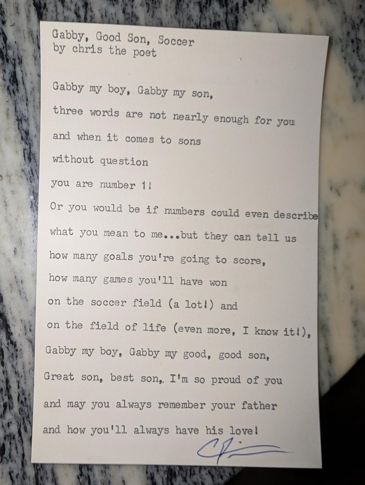Original typewritten poem Gabby, Good Son, Soccer by Chris the Poet