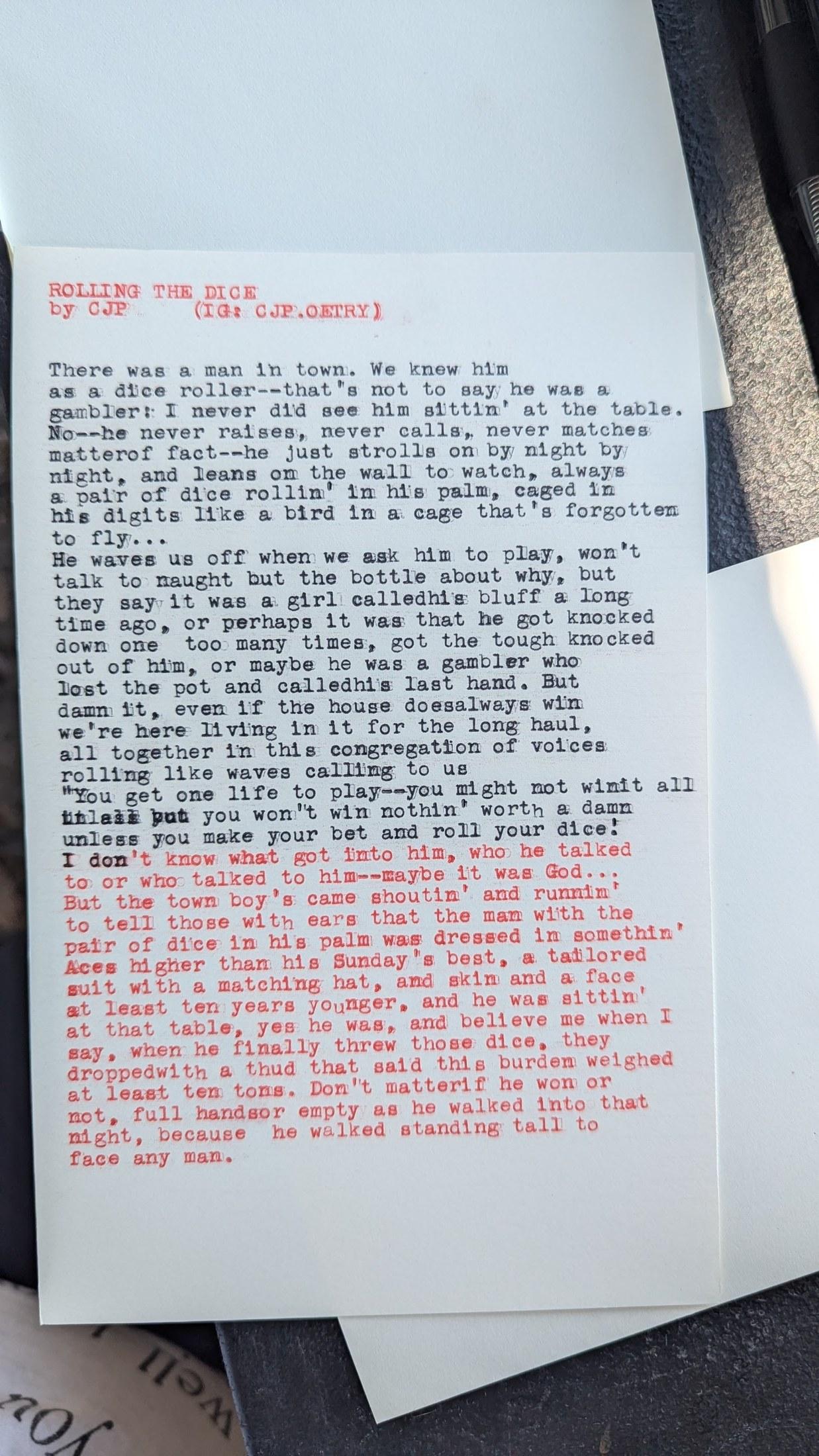 Original typewritten poem ROLLING THE DICE by Chris the Poet