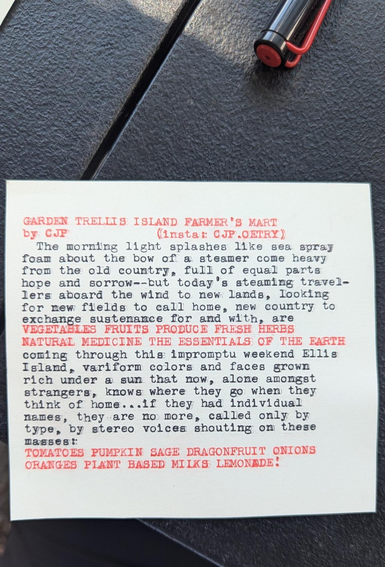 Original typewritten poem GARDEN TRELLIS ISLAND FARMER’s MART by Chris the Poet