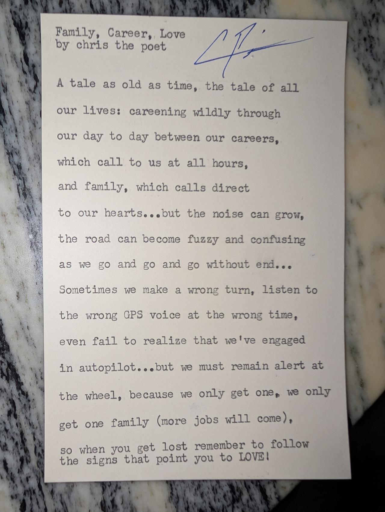 Original typewritten poem Family, Career, Love by Chris the Poet