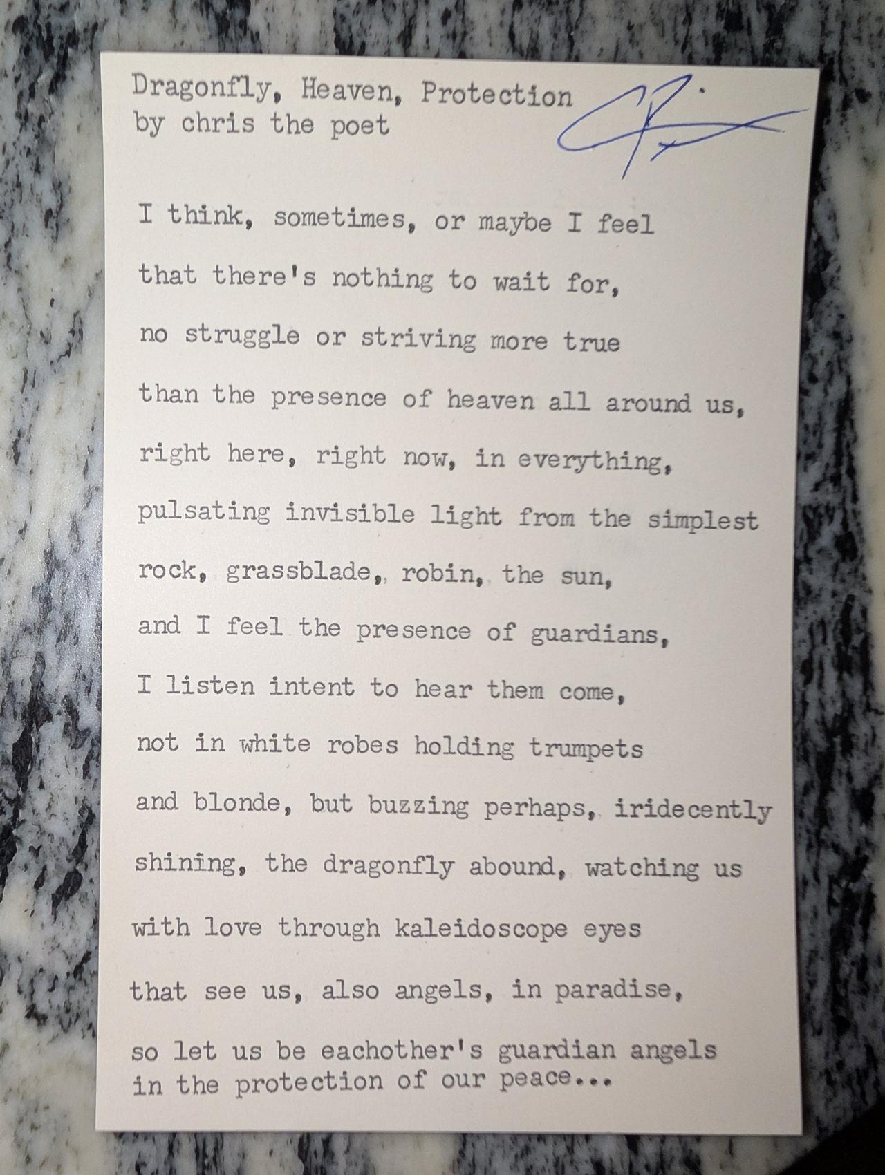 Original typewritten poem Dragonfly, Heaven, Protection by Chris the Poet