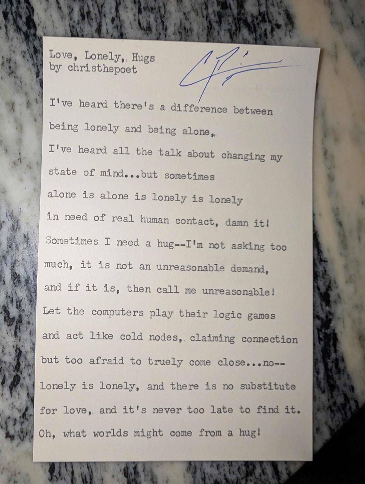 Original typewritten poem Love, Lonely, Hugs by Chris the Poet