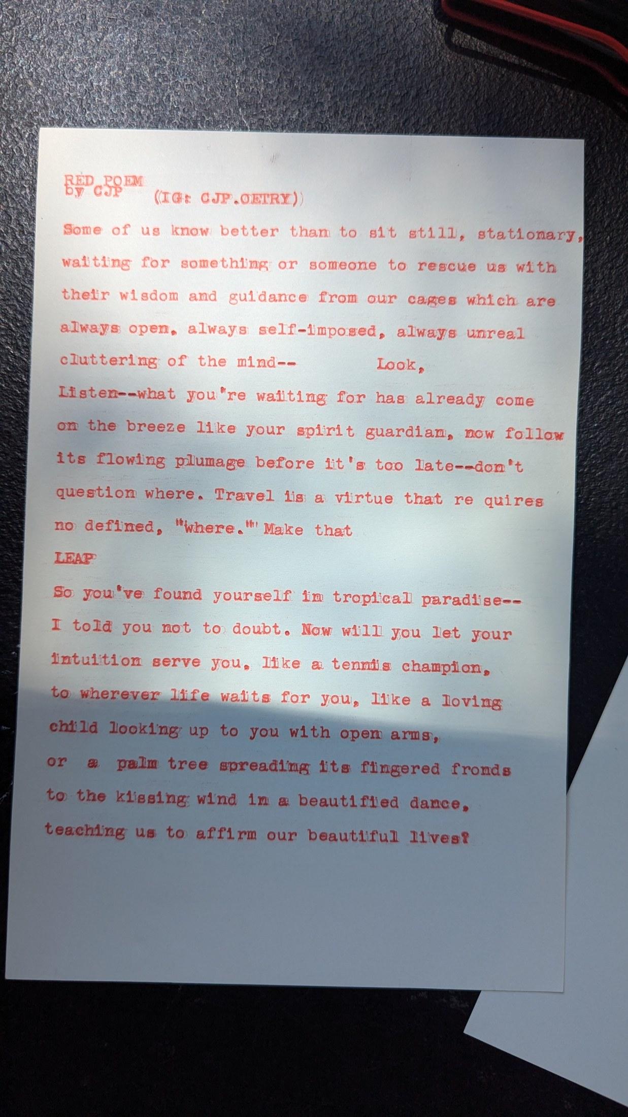 Original typewritten poem RED-POEM by Chris the Poet
