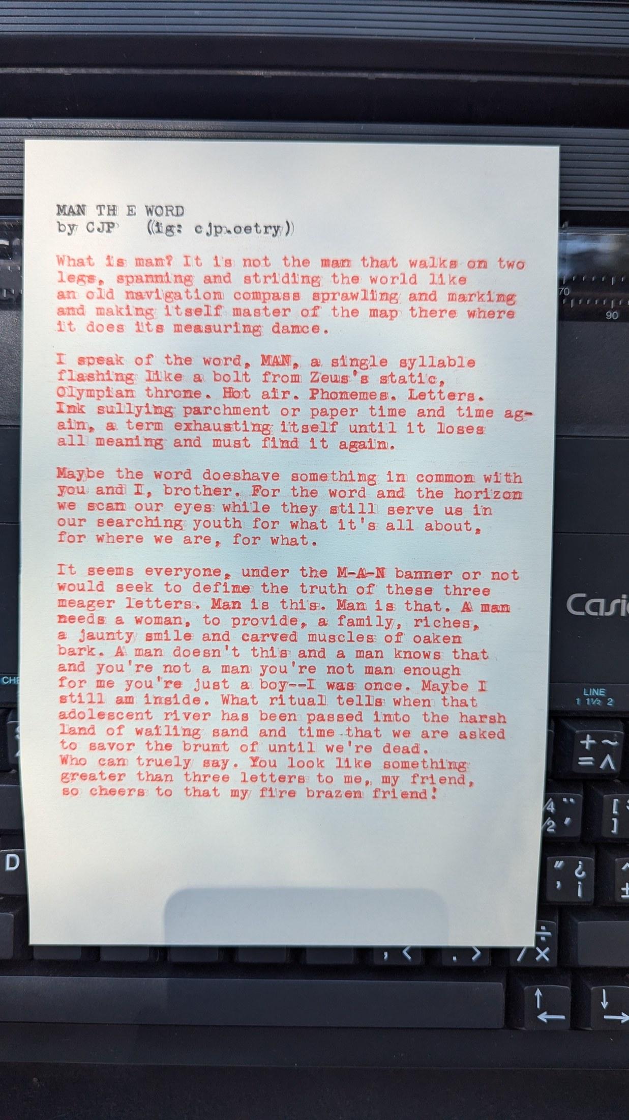 Original typewritten poem MAN TH E WORD by Chris the Poet