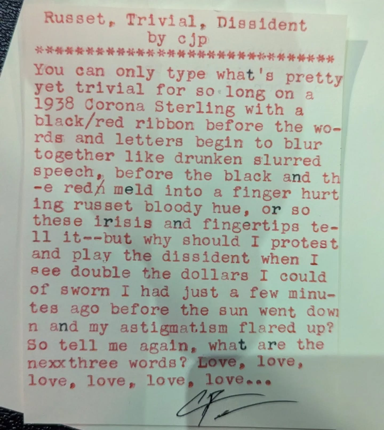 Original typewritten poem Russet, Trivial, Dissident by Chris the Poet