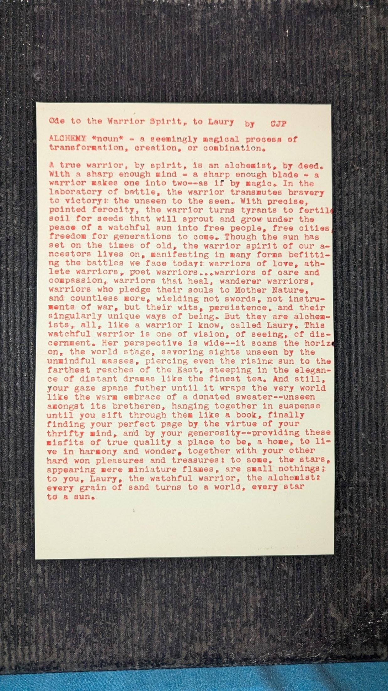 Original typewritten poem Ode to the Warrior Spirit, to Laury by Chris the Poet