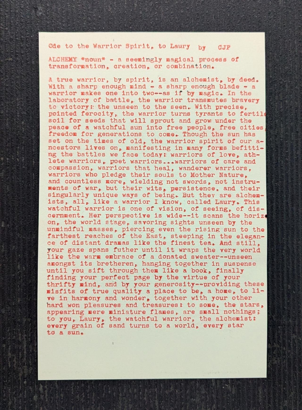 Additional archive image for Ode to the Warrior Spirit, to Laury by Chris the Poet