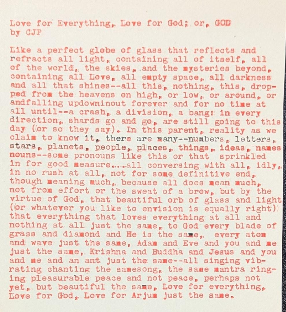 Original typewritten poem Love for Everything, Love for God; or, GOD by Chris the Poet