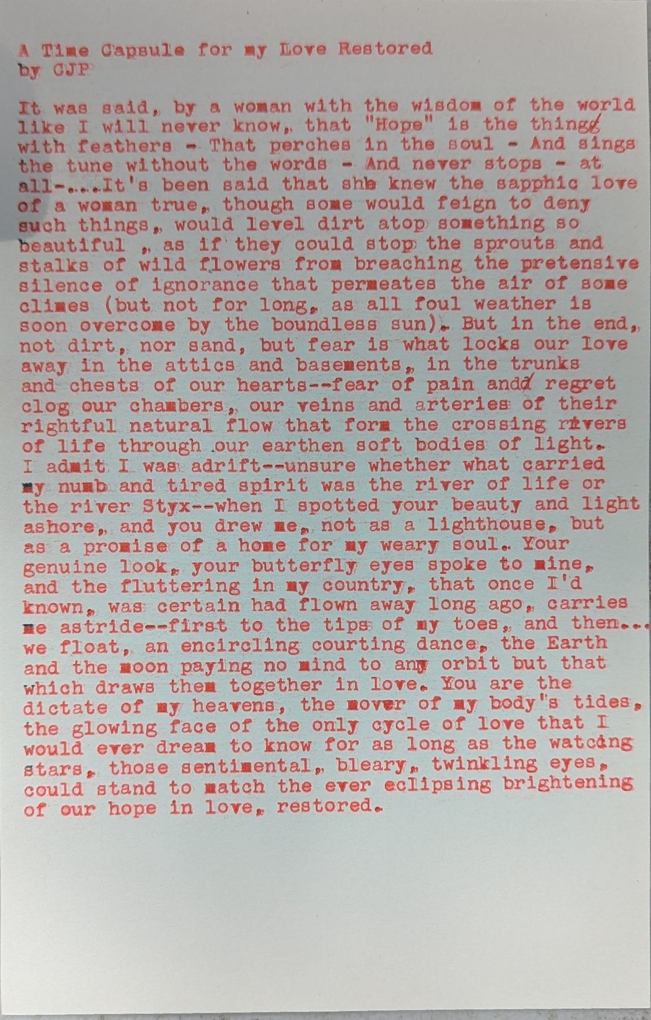 Original typewritten poem A Time Capsule for my Love Restored by Chris the Poet