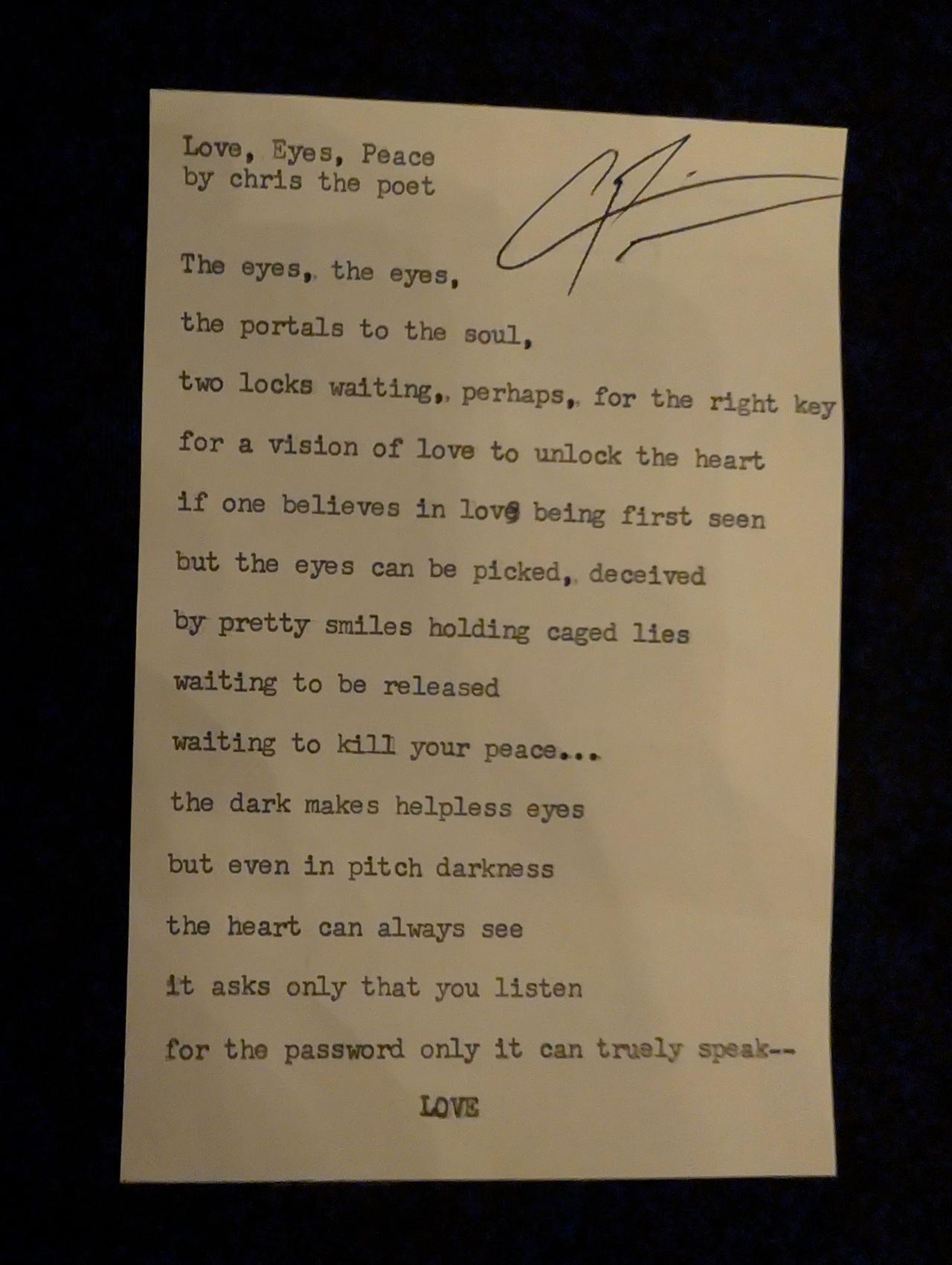 Original typewritten poem Love, Eyes, Peace by Chris the Poet