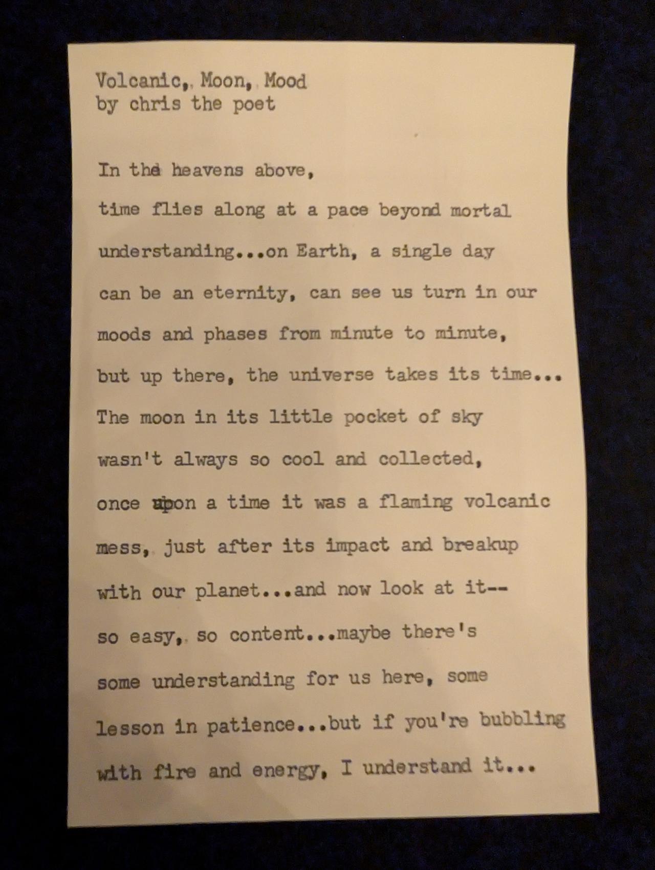 Original typewritten poem Volcano, Moon, Mood by Chris the Poet