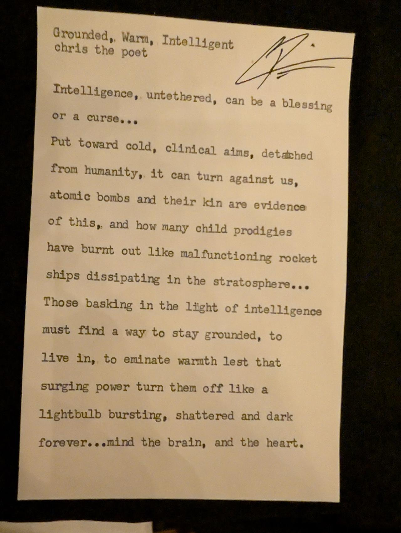 Original typewritten poem Grounded, Warm, Intelligence by Chris the Poet