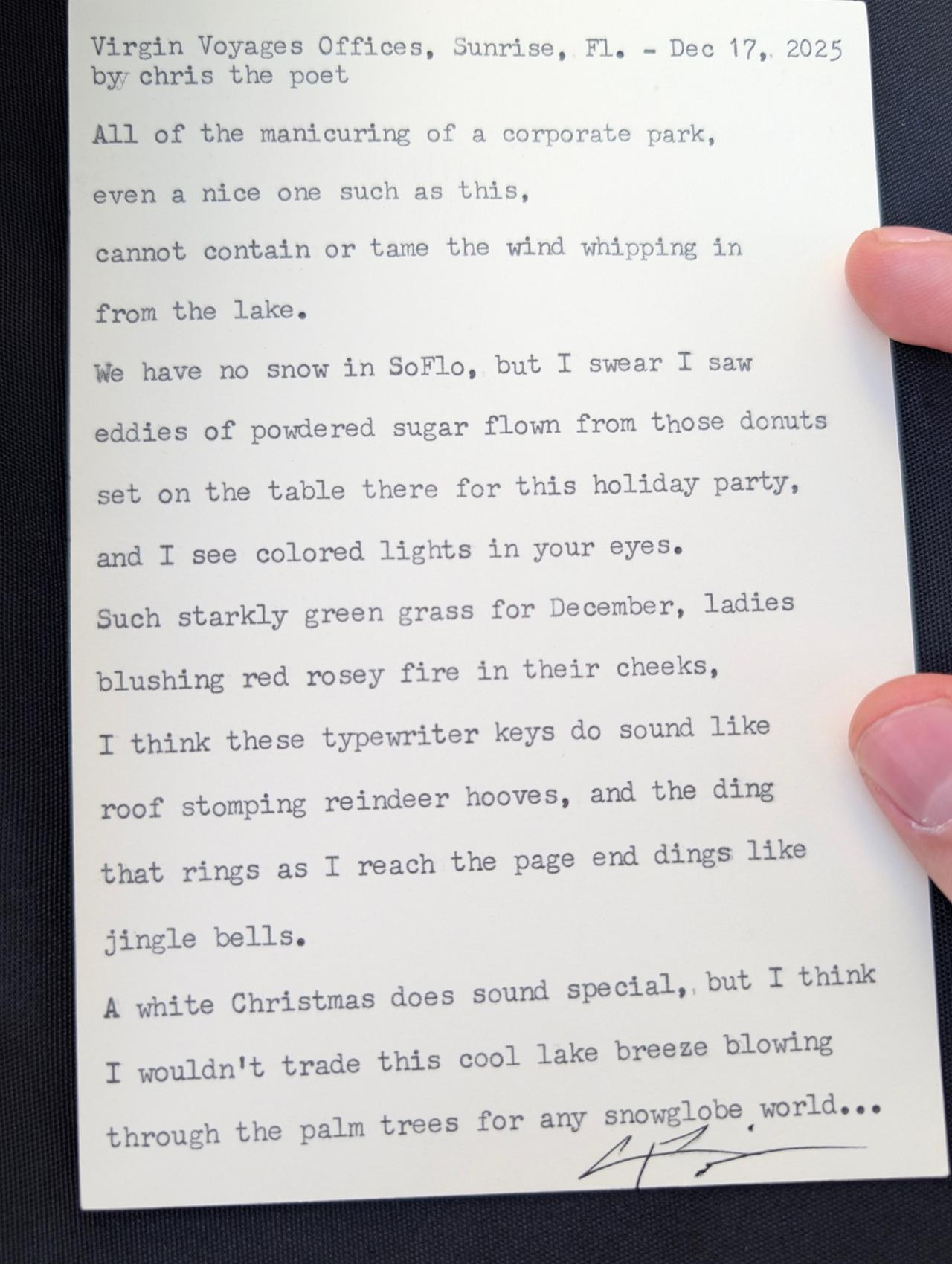 Original typewritten poem Virgin Voyages Offices, Sunrise, FL - Dec 17, 2025 by Chris the Poet