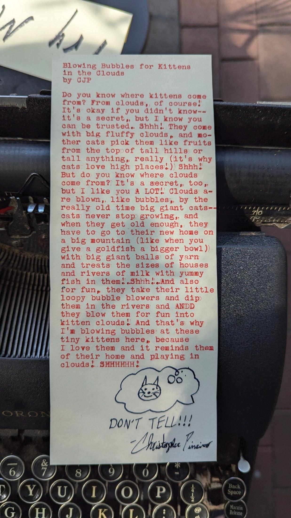 Original typewritten poem Blowing Bubbles for Kittens in the Clouds by Chris the Poet