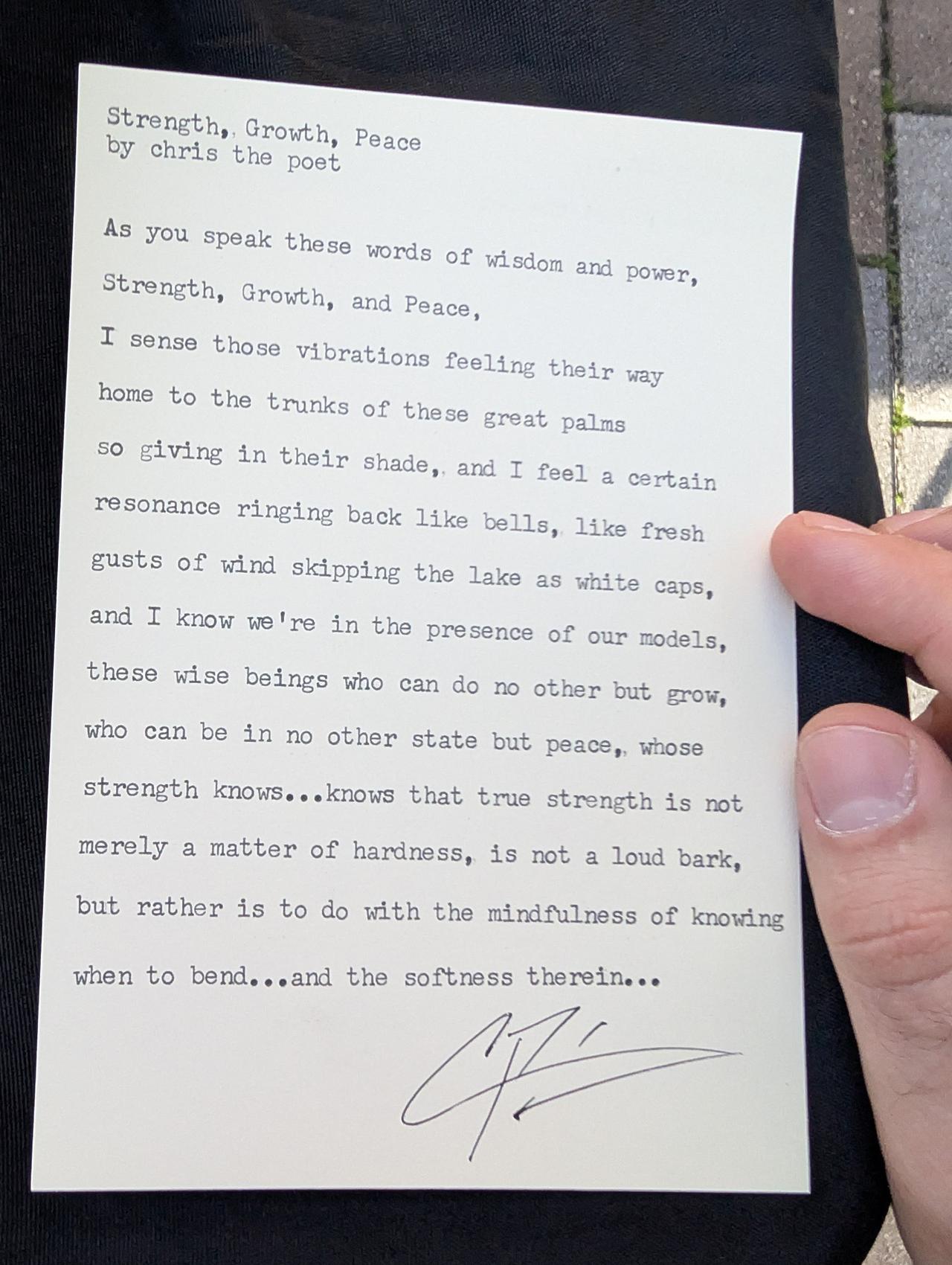 Original typewritten poem Strength, Growth, Peace by Chris the Poet