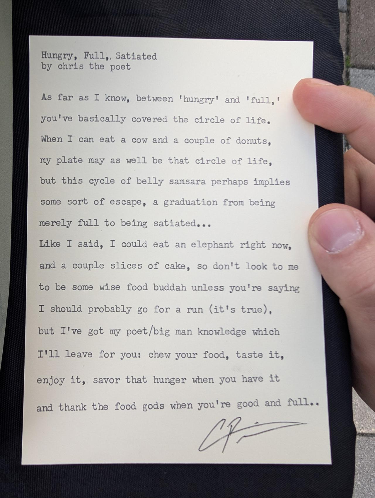 Original typewritten poem Hungry, Full, Satiated by Chris the Poet