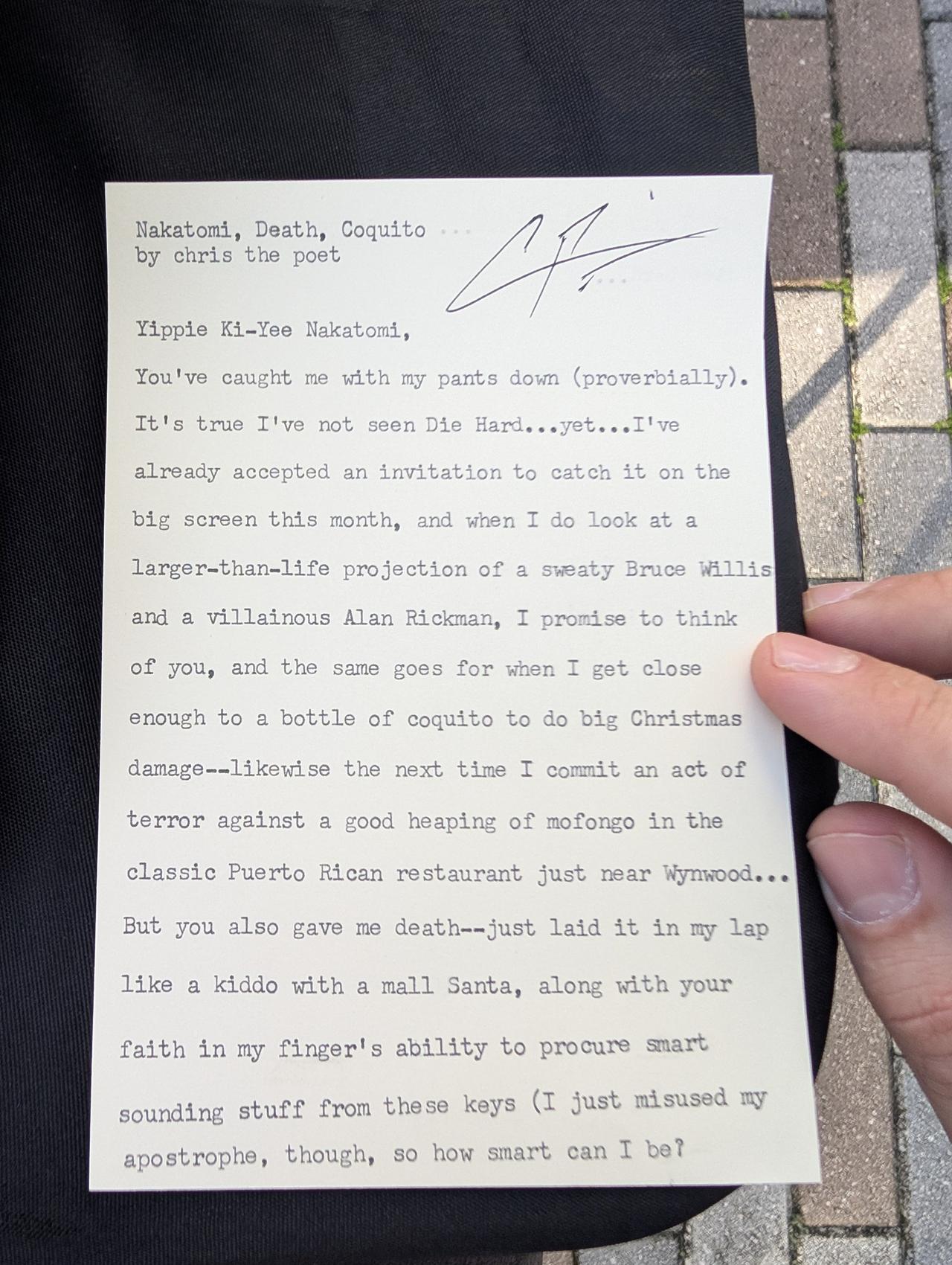 Original typewritten poem Nakatomi, Death, Coquito by Chris the Poet