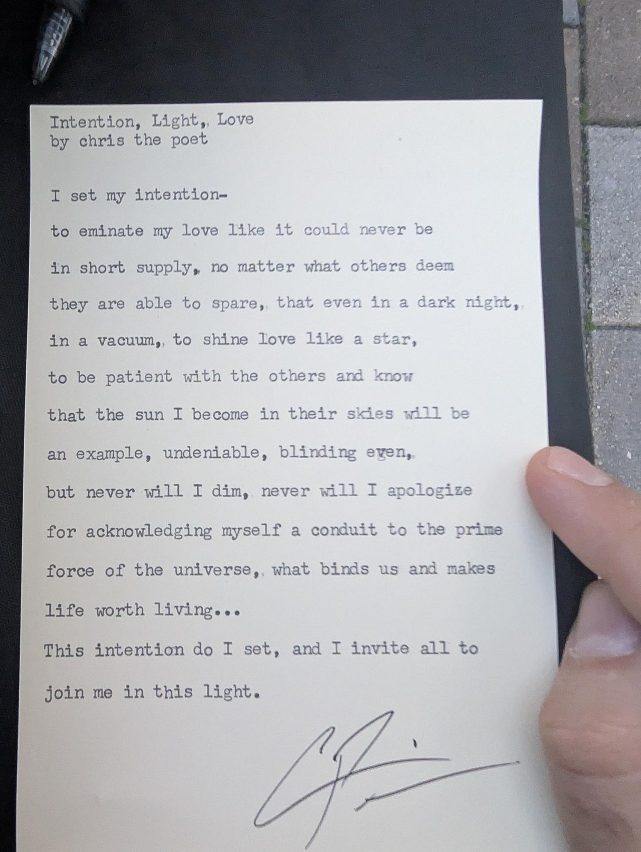 Original typewritten poem Intention, Light, Love by Chris the Poet