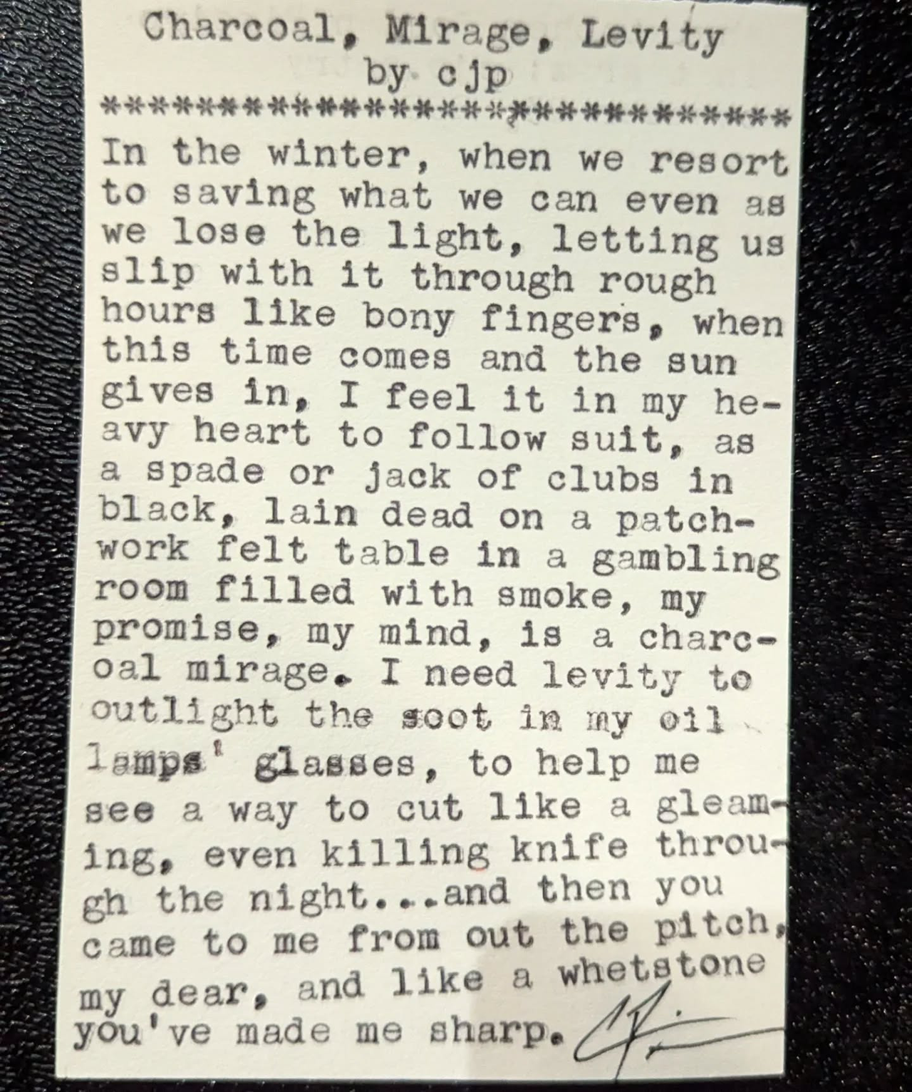 Original typewritten poem Charcoal, Mirage, Levity by Chris the Poet