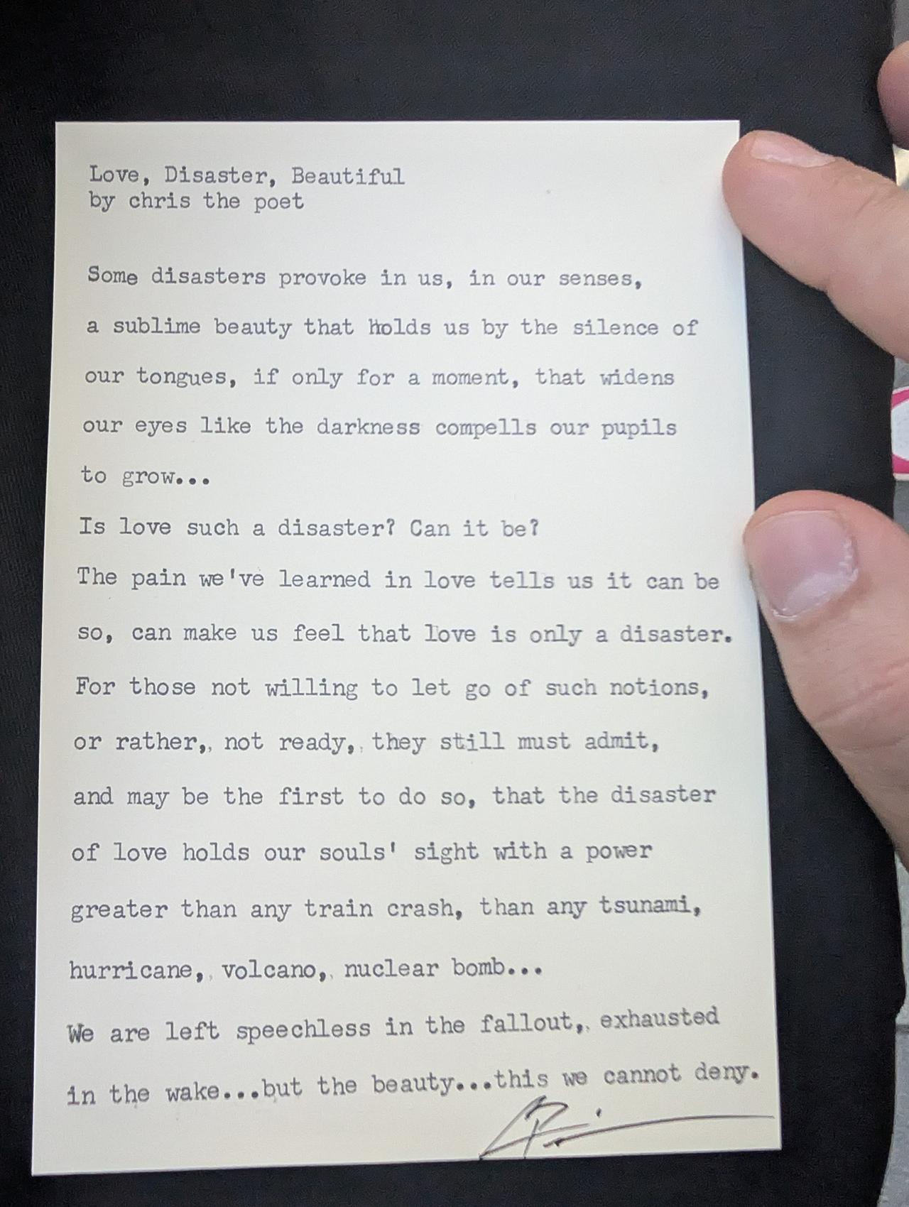 Original typewritten poem Love, Disaster, Beautiful by Chris the Poet