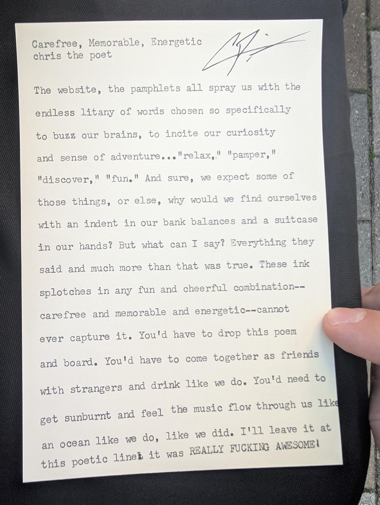 Original typewritten poem Carefree, Memorable, Energetic by Chris the Poet