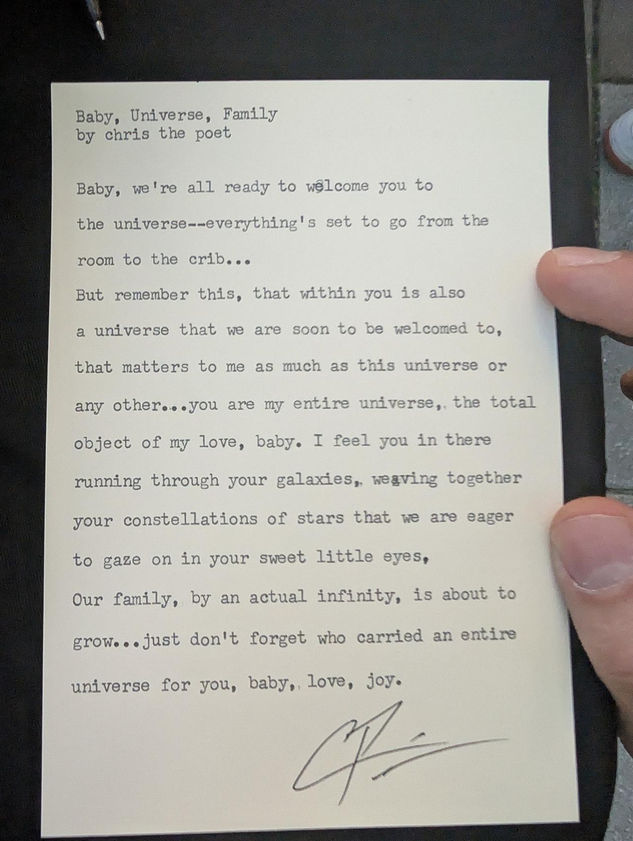 Original typewritten poem Baby, Universe, Family by Chris the Poet