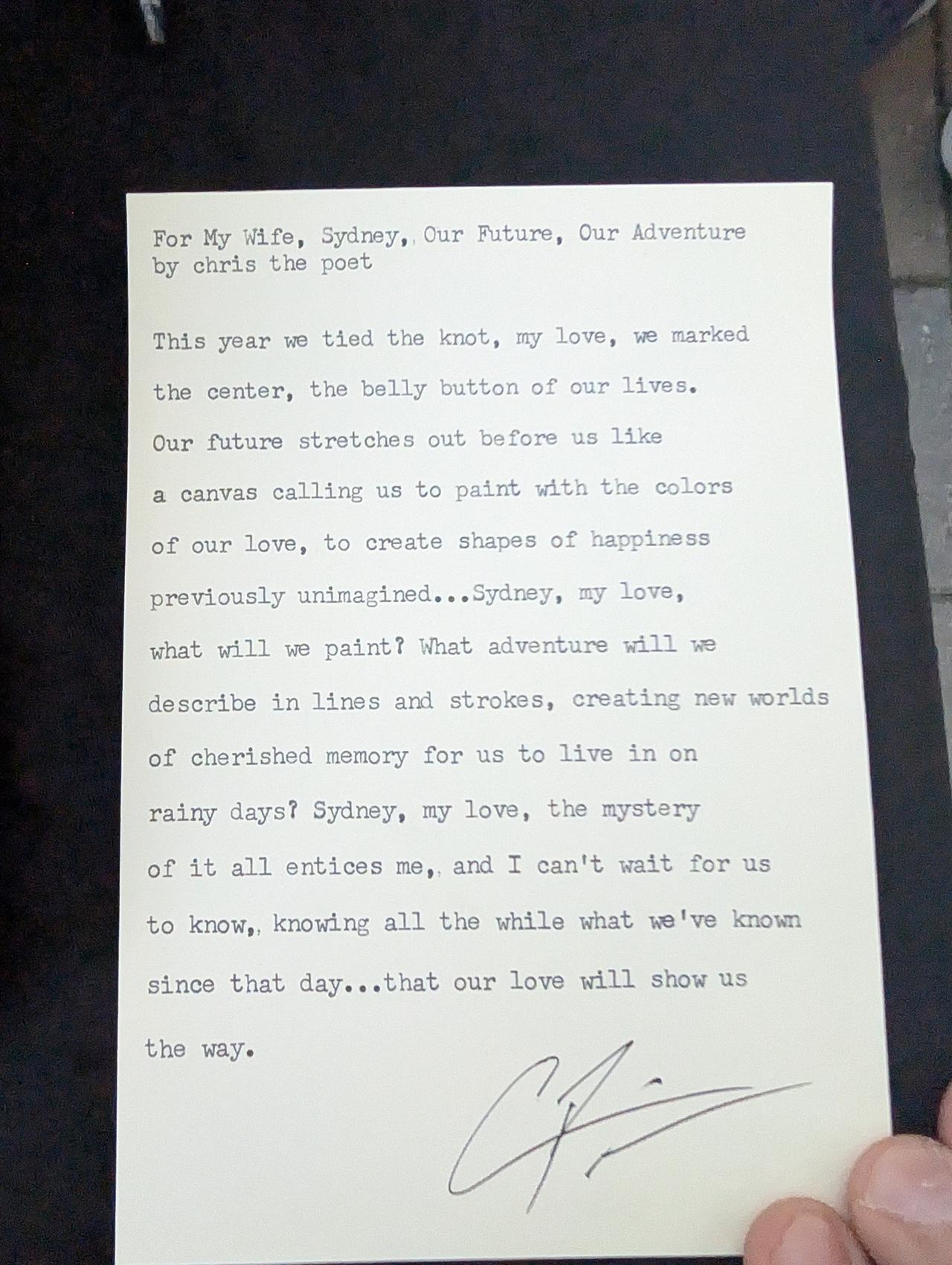 Original typewritten poem For My Wife, Sydney, Our Future, Our Adventure by Chris the Poet