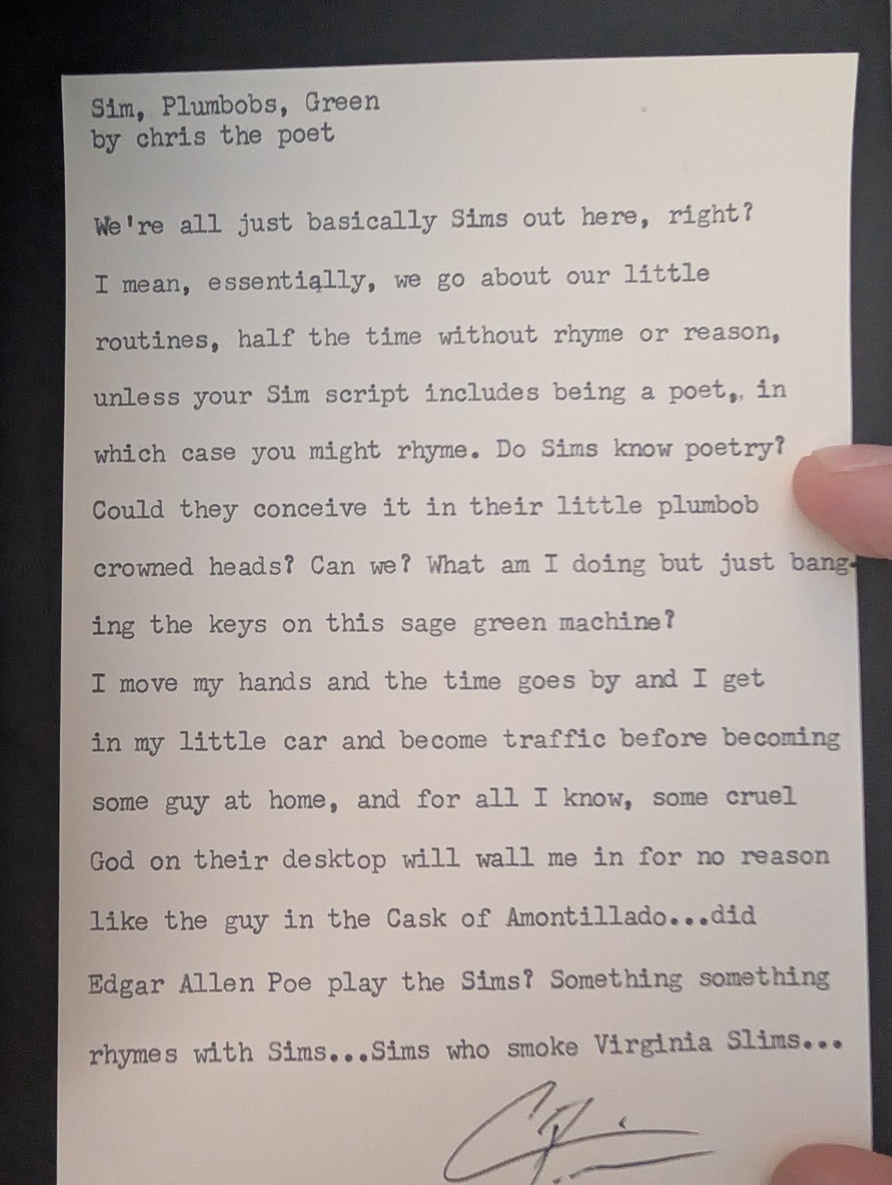 Original typewritten poem Sim, Plumbob, Green by Chris the Poet