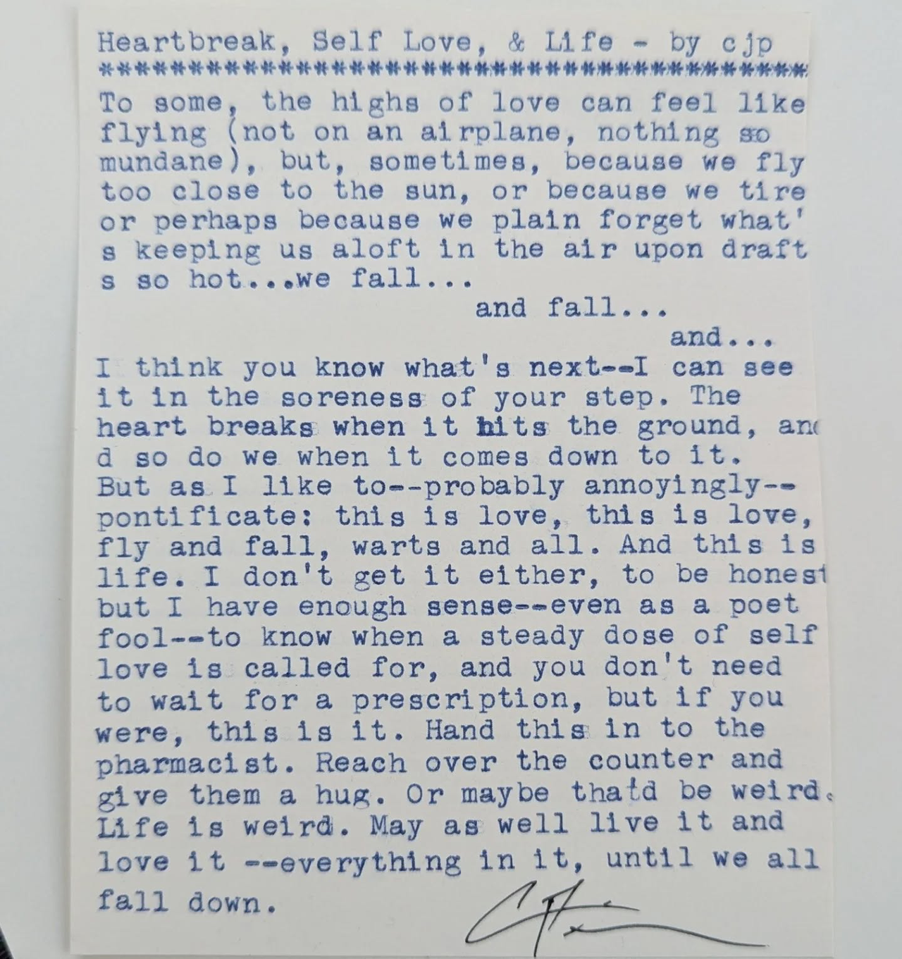 Original typewritten poem Heartbreak, Self Love, & Life by Chris the Poet