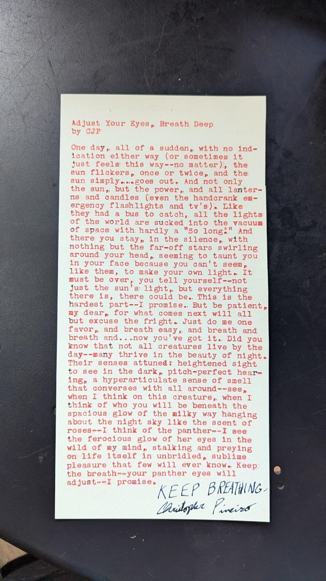 Original typewritten poem Adjust Your Eyes, Breath Deep by Chris the Poet